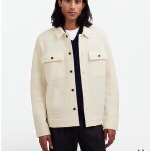 Madewell Mens 100% Merino Boiled Wool Ivory White Button Up Shirt Jacket L New